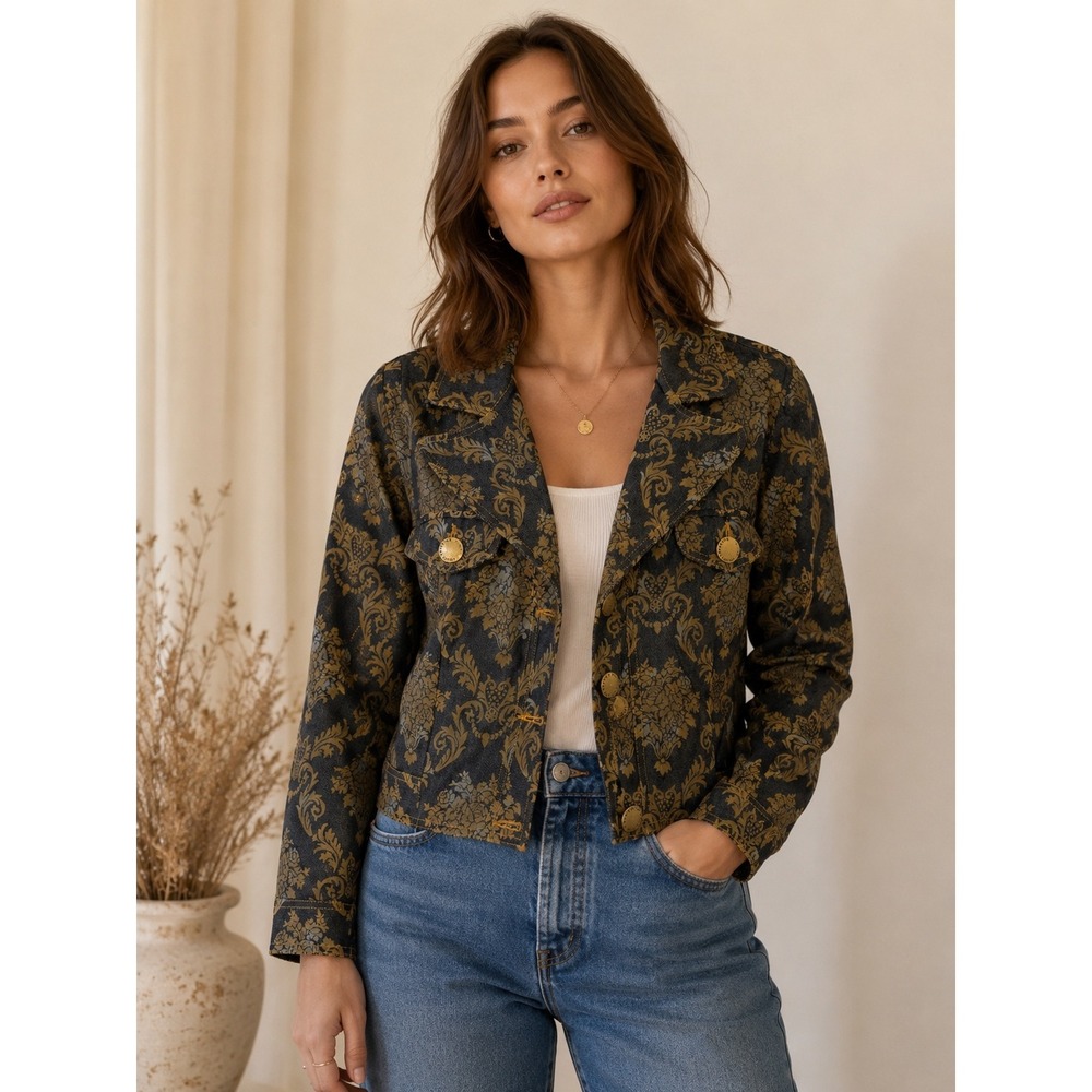 Parallel Jeans Damask Floral Denim Jacket Gold Print Cropped Dark Wash Size 8